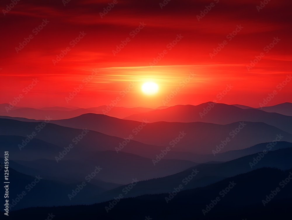 Fiery Sunset Over Layered Mountain Ranges Fiery Sunset Over Layered Mountain Ranges