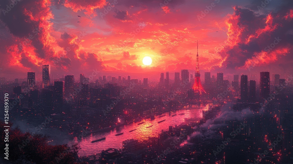 Obraz premium A vibrant sunset over a city skyline, featuring a river and towering buildings.