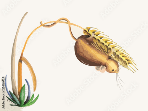 Artistic illustration in vector format, of a mouse on a grass plant (Poaceae family) reaching its fruits with seeds, function of rodents to spread seeds.