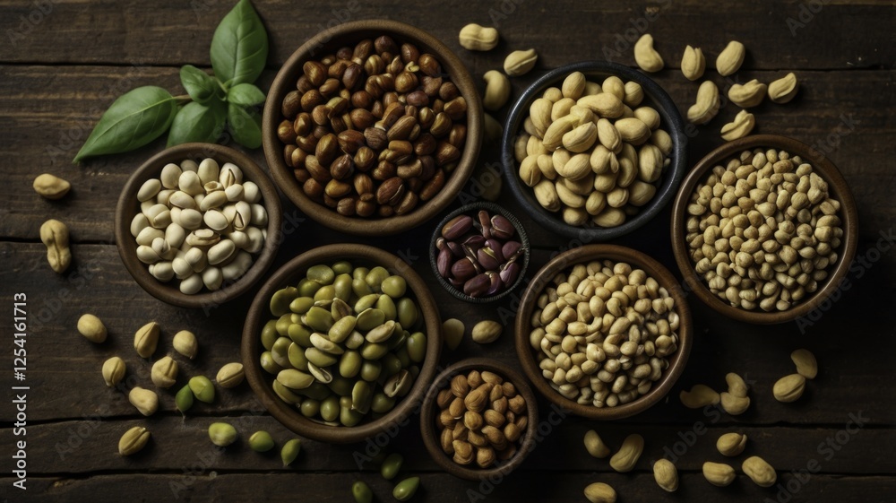 Assortment of Legumes and Nuts in Bowls on Rustic Wooden Table, Featuring Chickpeas, Kidney Beans, Mung Beans, Black Beans, Lentils, Peanuts, Almonds, Walnuts, and Cashews, Warm and Earthy Tone, Gener Assortment of Legumes and Nuts in Bowls on Rustic Wooden Table, Featuring Chickpeas, Kidney Beans, Mung Beans, Black Beans, Lentils, Peanuts, Almonds, Walnuts, and Cashews, Warm and Earthy Tone, Gener