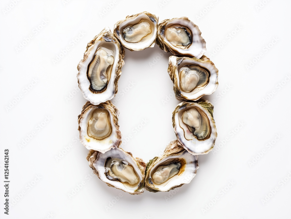 a letter O made of oysters. top view. Minimalistic design on a plain white background a letter O made of oysters. top view. Minimalistic design on a plain white background
