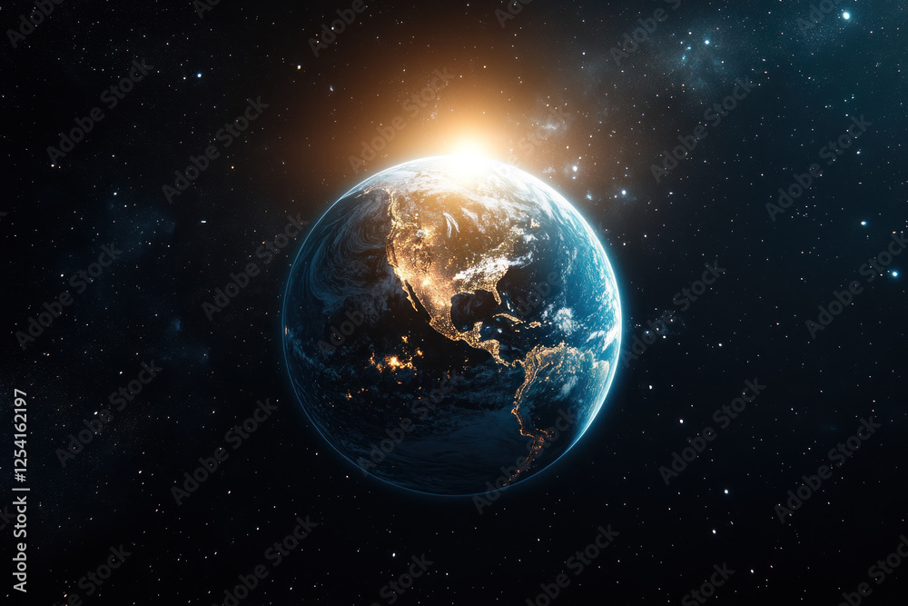 Obraz premium Earth suspended in space, surrounded by stars and vibrant nebulas, creating a stunning cosmic backdrop.