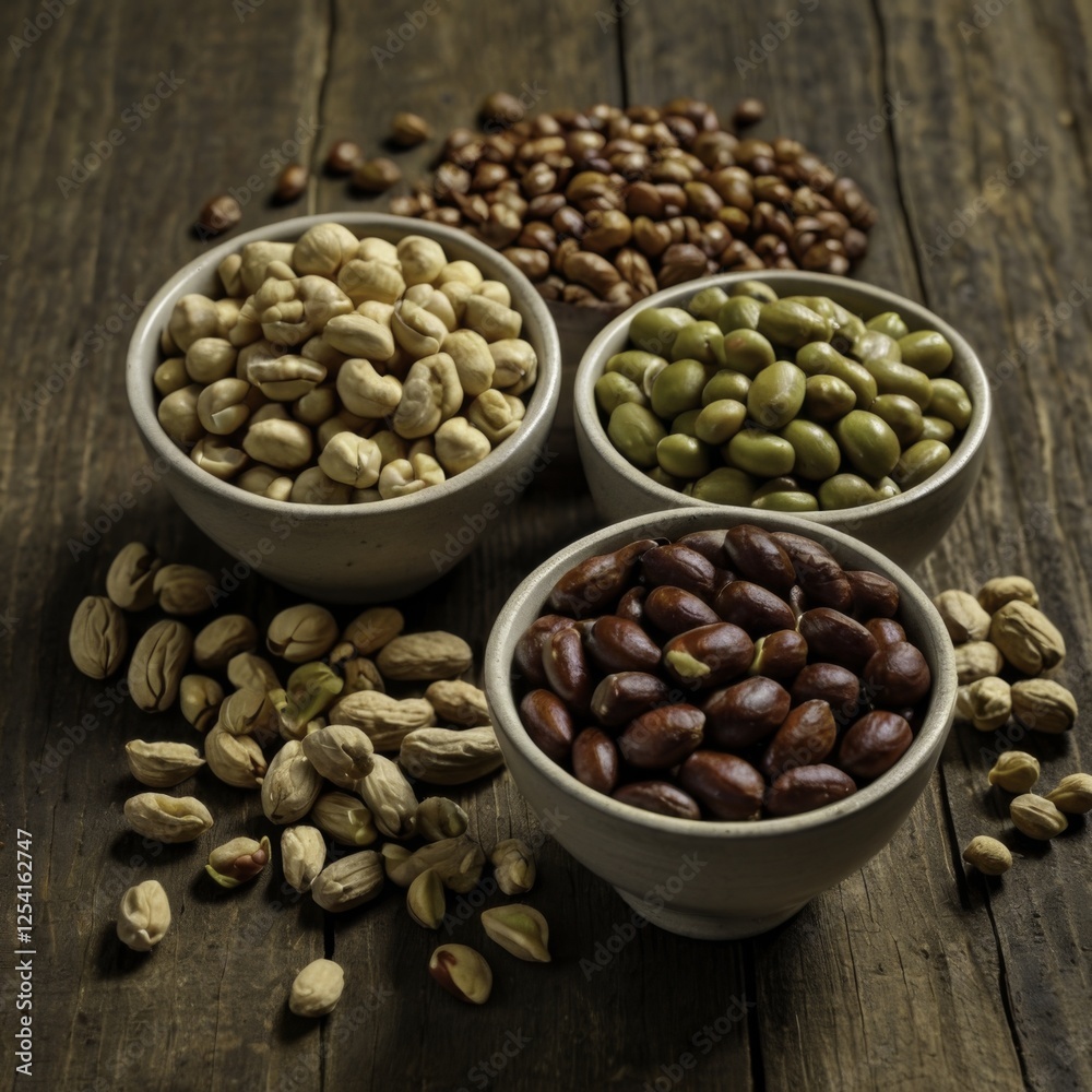 Assortment of Legumes and Nuts in Bowls on Rustic Wooden Table, Featuring Chickpeas, Kidney Beans, Mung Beans, Black Beans, Lentils, Peanuts, Almonds, Walnuts, and Cashews, Warm and Earthy Tone, Gener Assortment of Legumes and Nuts in Bowls on Rustic Wooden Table, Featuring Chickpeas, Kidney Beans, Mung Beans, Black Beans, Lentils, Peanuts, Almonds, Walnuts, and Cashews, Warm and Earthy Tone, Gener
