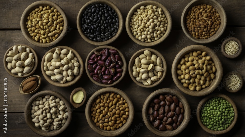 Assortment of Legumes and Nuts in Bowls on Rustic Wooden Table, Featuring Chickpeas, Kidney Beans, Mung Beans, Black Beans, Lentils, Peanuts, Almonds, Walnuts, and Cashews, Warm and Earthy Tone, Gener