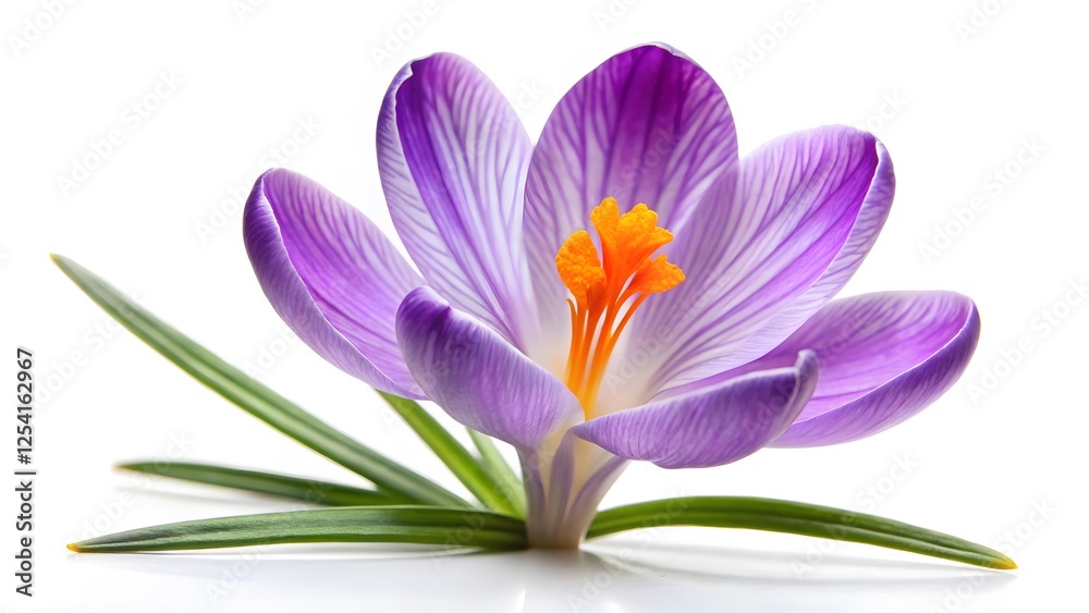 Naklejka premium Purple Crocus Flower with Leaves