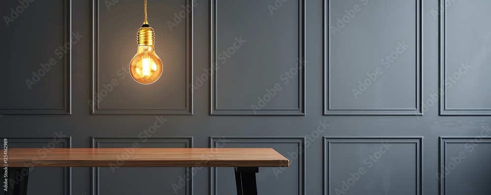 Fototapeta premium Stylish golden hanging light bulb contrasts against gray walls, illuminating an oak table with black legs in a contemporary interior design setting.
