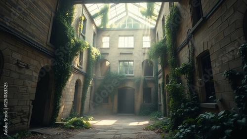 An abandoned urban courtyard reclaimed by nature, where crumbling stone walls and overgrown ivy merg