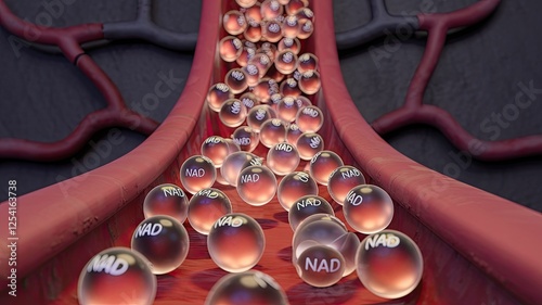 It involves NAD molecules combining with blood cells and integrating into metabolism