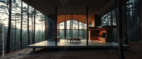 A breathtaking minimalist glass house in the forest, featuring a blend of concrete, steel, and warm