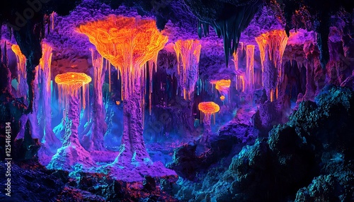 Surreal neon landscapes in digital art, creating otherworldly scenes that blend natural forms with glowing, vibrant hues.