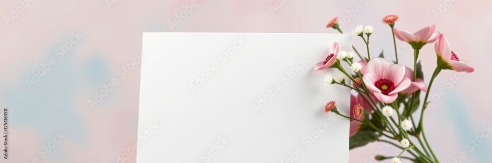 Blank card with fresh flowers nearby with a serene mood representing peace against a soft pastel background Blank card with fresh flowers nearby with a serene mood representing peace against a soft pastel background