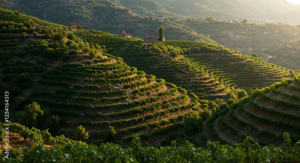 Fototapeta premium Terraced Vineyard on Rolling Hills at Golden Hour with Warm Sunlight