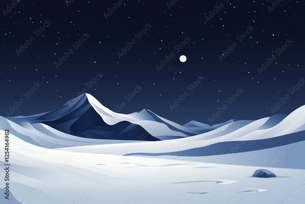 Snowy mountain landscape under a starry night sky with a bright moon illuminating the scene. Generative AI