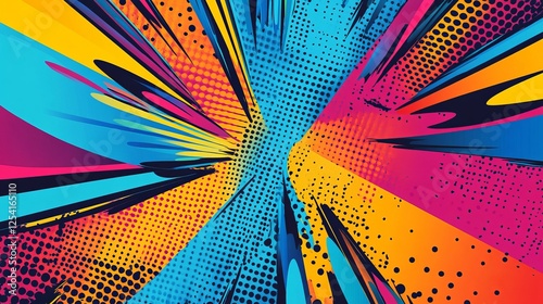 A bold and colorful cartoon background featuring an edgy halftone design, inspired by classic comic book illustrations
