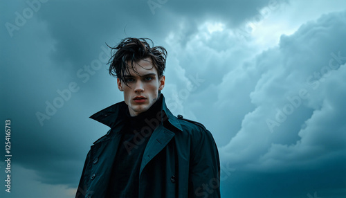A male model in a high-neck trench coat with his collar popped, standing against a backdrop of dark