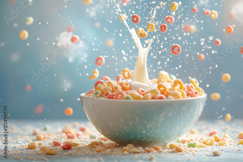 Cereal pouring into bowl, milk splashing, spoon mid-air. Morning breakfast scene captured in action.