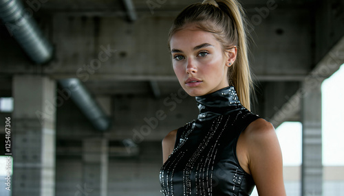 A model in a structured sleeveless top with metallic accents, her hair tied in a sleek ponytail, her
