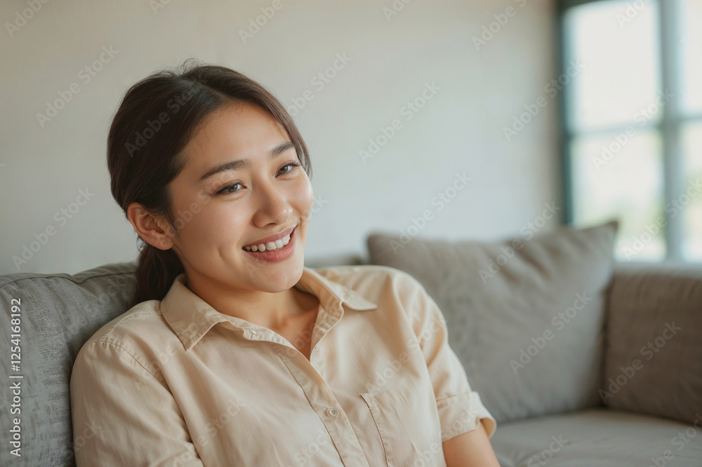 Happy smiling Asian woman sitting in sofa Happy smiling Asian woman sitting in sofa
