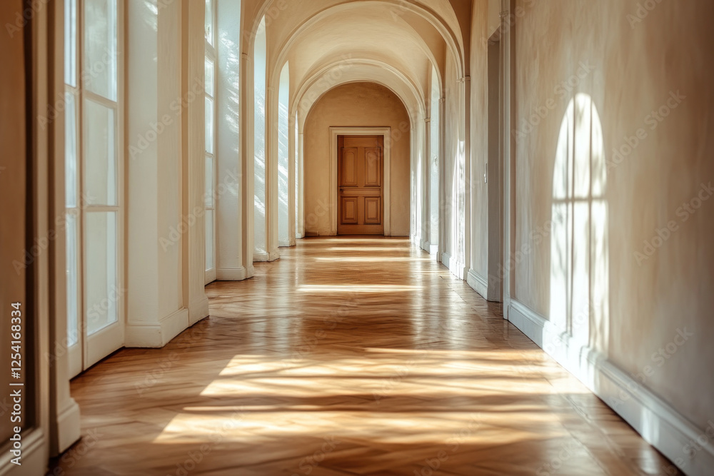 Fototapeta premium Long hallway with wooden floors and white walls, illuminated by a row of hanging pendant lights, leading to a bright window at the far end.