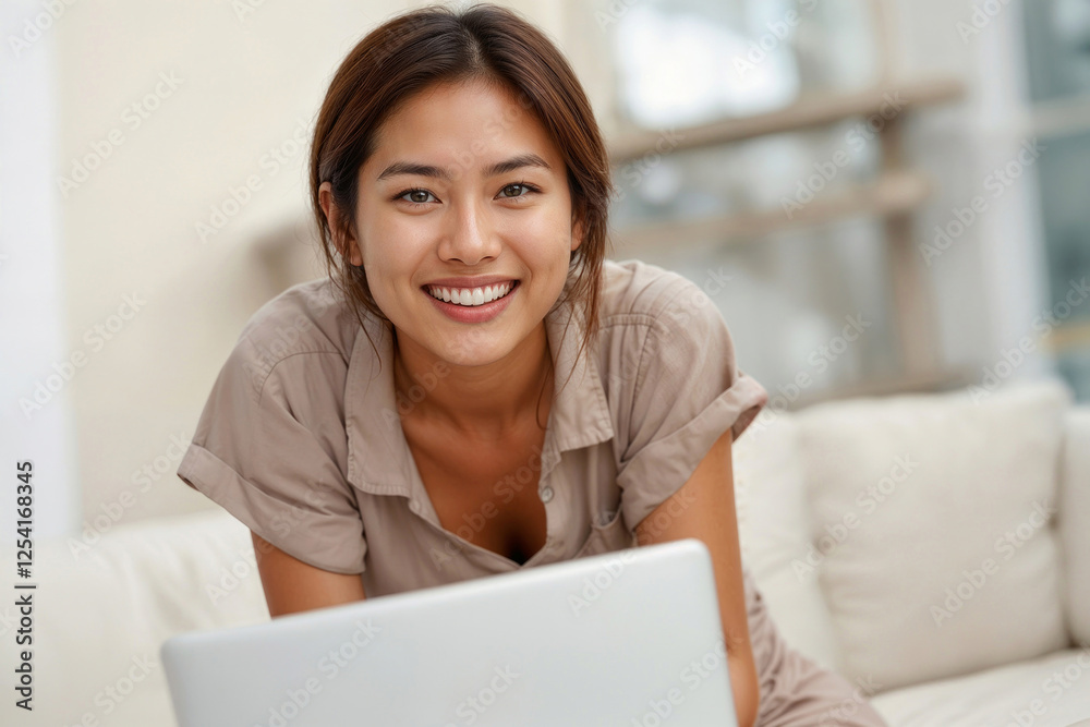 Closeup of happy smiling Asian woman with laptop looking at camera at home Closeup of happy smiling Asian woman with laptop looking at camera at home