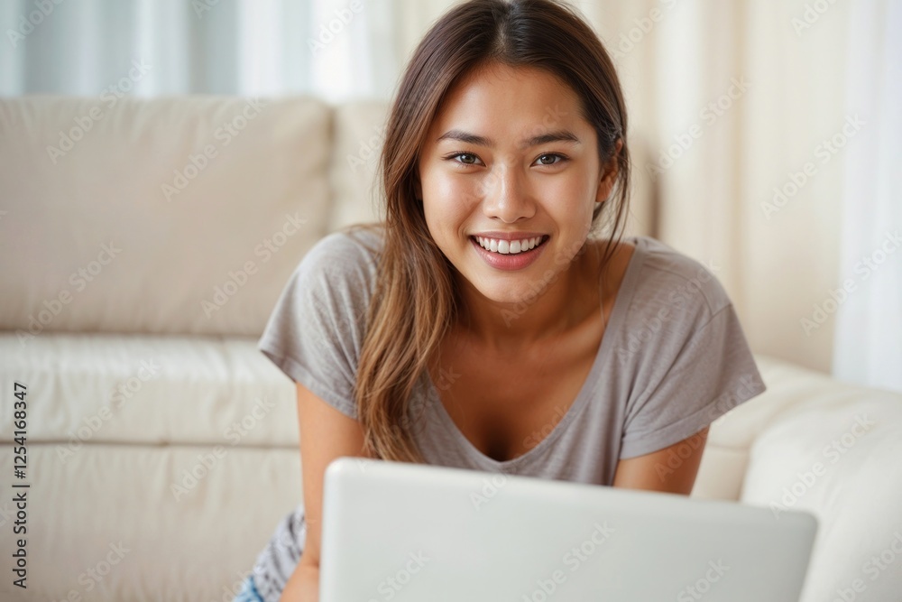 Happy smiling student Asian woman with laptop looking at camera Happy smiling student Asian woman with laptop looking at camera