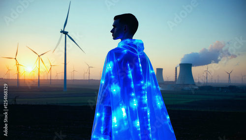 A model in a glowing, luminescent cape stands amidst a landscape of wind turbines and a nuclear plan