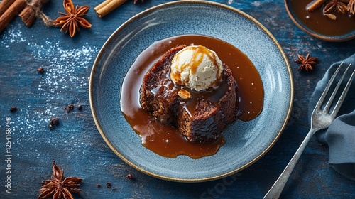 A plate of sticky toffee pudding with warm toffee sauce, served with a scoop of vanilla ice cream photo