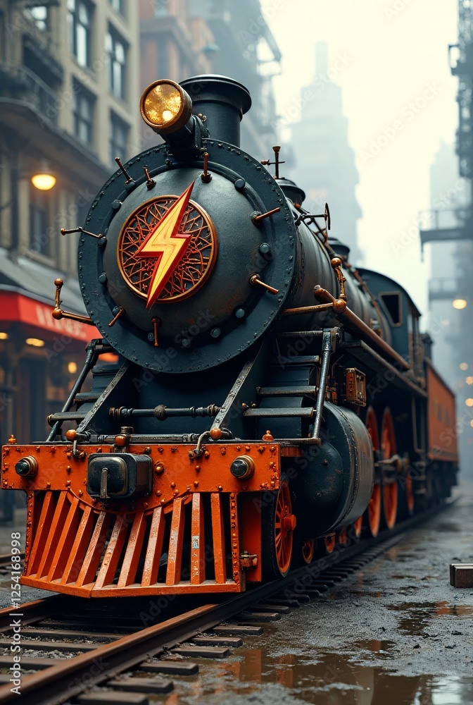 Naklejka premium Vintage Steam Train with Lightning Symbol in Urban Setting