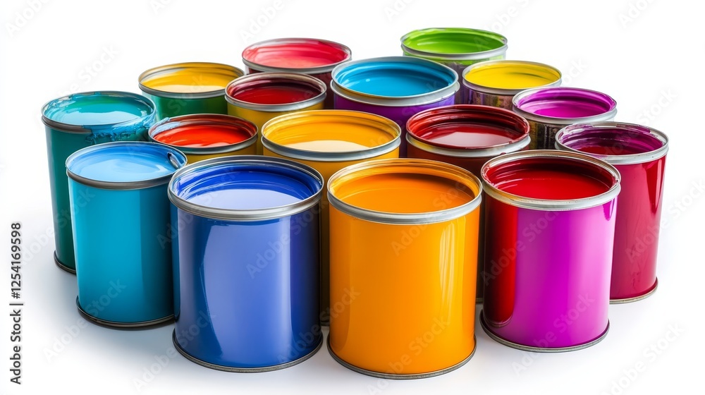 Paint supplies (cans, roller brushes) displayed on a white background. Suitable for design purposes. Paint supplies (cans, roller brushes) displayed on a white background. Suitable for design purposes.