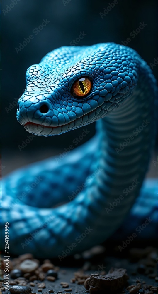 Fototapeta premium Blue Snake with Striking Yellow Eye on Dark Background