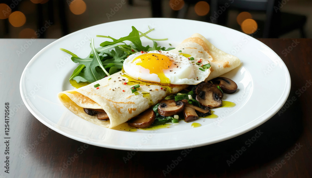 A folded buckwheat crepe filled with sautéed mushrooms, gruyère cheese, and a poached egg, plated wi A folded buckwheat crepe filled with sautéed mushrooms, gruyère cheese, and a poached egg, plated wi