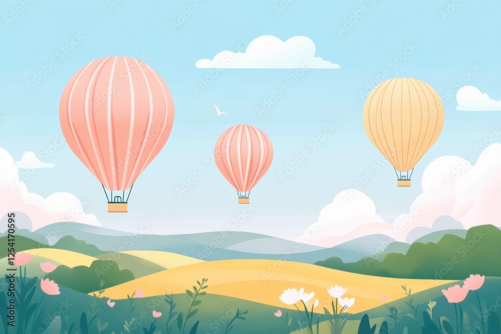 Obraz premium Hot air balloons soar above a colorful field on a sunny day in a picturesque landscape. Generative AI