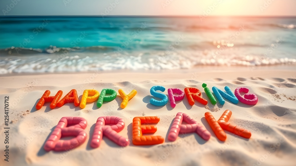happy spring break written in the sand on a beach happy spring break written in the sand on a beach