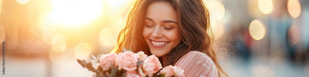Smiling young woman with long brown hair enjoys a bouquet of pink roses in warm, golden light. Smiling young woman with long brown hair enjoys a bouquet of pink roses in warm, golden light.
