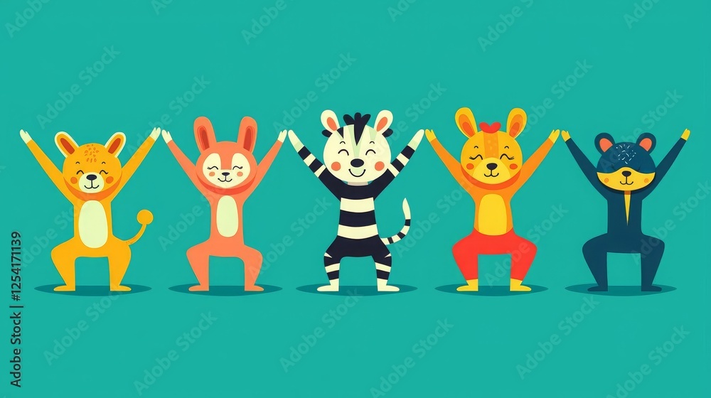 Fototapeta premium Healthcare International Kids Yoga Day Colorful cartoon animals in playful poses.