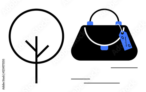 Minimalistic tree illustration beside a handbag bearing a price tag. Ideal for eco-friendly fashion, sales events, consumerism, nature vs. commerce, sustainability, design simplicity, marketing