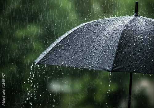 Photograph of a wet black umbrella, open, with raindrops.