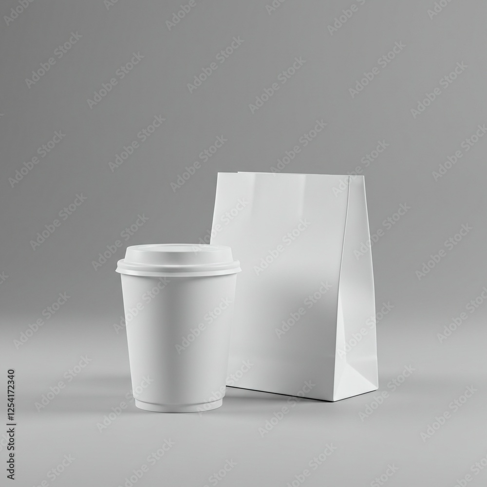 Minimalist Photograph of a White Coffee Cup and Paper Bag Mockup, Ideal for Branding. Minimalist Photograph of a White Coffee Cup and Paper Bag Mockup, Ideal for Branding.
