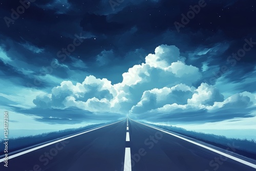 Night road disappearing into cloudy sky.