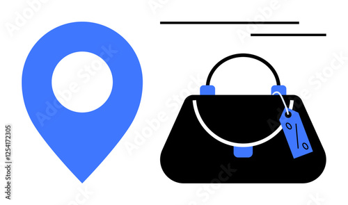 Blue location pin icon next to a black handbag with a percentage tag. Ideal for e-commerce, online shopping, retail marketing, sales promotions, geolocation services, logistics support, customer