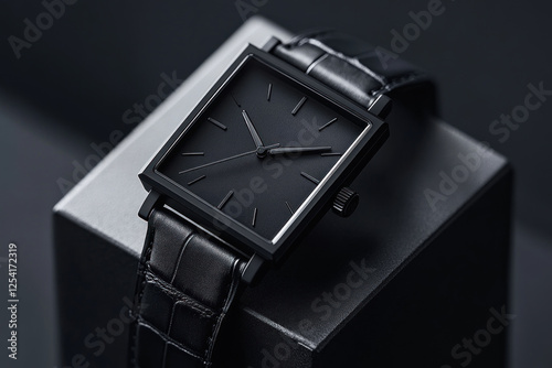 Black watch on black box, contrasted against white background, minimalist aesthetic.