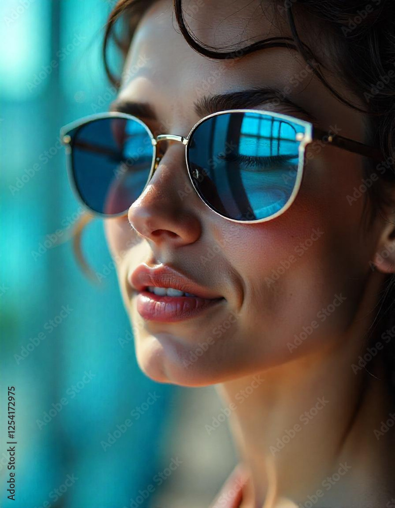 Focus on a lady's face while wearing sunglasses in a modern vibe atmosphere of blue tonality. Focus on a lady's face while wearing sunglasses in a modern vibe atmosphere of blue tonality.