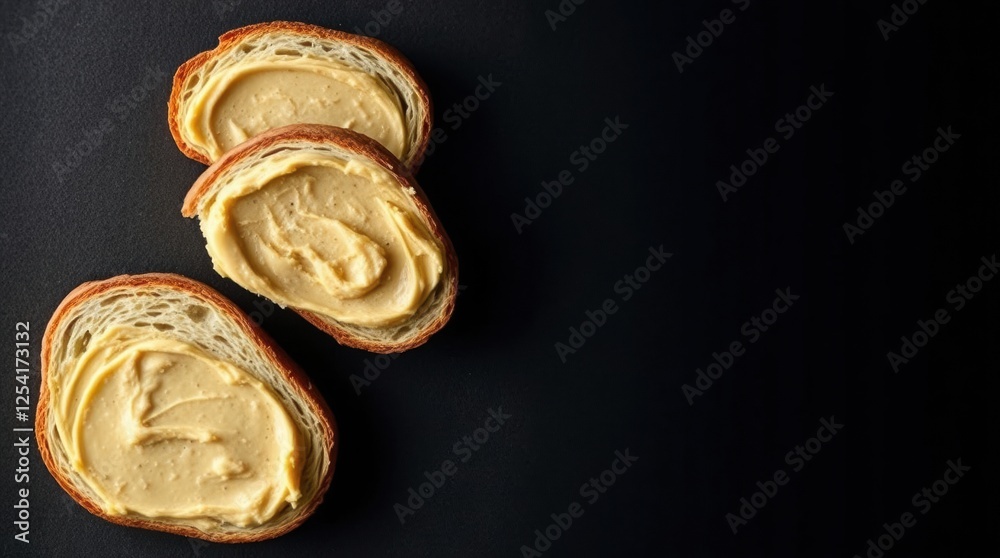 Three slices of bread topped with a pecan butter, placed on a stark black surface. Three slices of bread topped with a pecan butter, placed on a stark black surface.