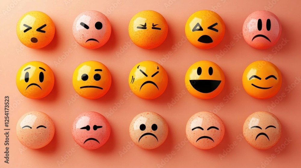 A row of yellow and orange faces with different expressions. Scene is one of sadness and disappointment A row of yellow and orange faces with different expressions. Scene is one of sadness and disappointment