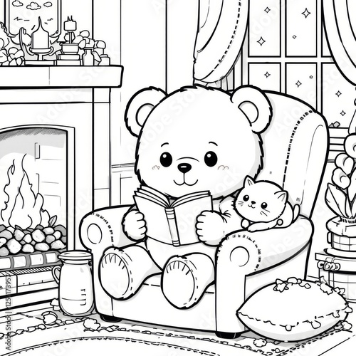 Cozy Kawaii Coloring Book Illustration of a Teddy Bear Reading with a Kitten, Featuring a Fireplace and Starry Sky, Simple and Charming Black and White Design, Generative AI