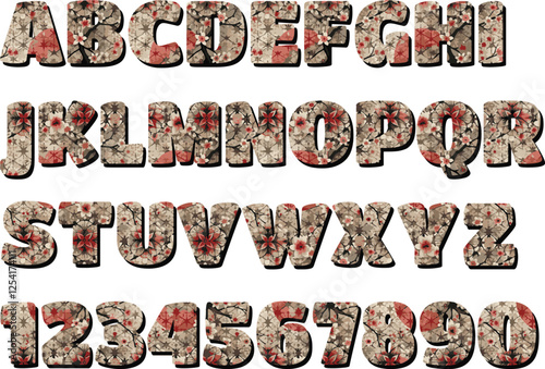 Floral Alphabet: A charming alphabet and numerals set, each character adorned with a delicate floral pattern in shades of red and beige, offering a unique and elegant design element.