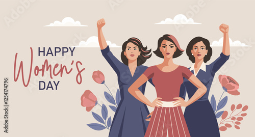 Happy Women's Day card. Young women with flowers and raised hands in protest. Banner, poster, illustration