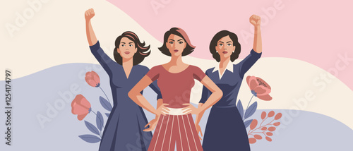 Young women with flowers and raised hands in protest. Postcard for women's day, equality day. Banner, poster, trendy illustration