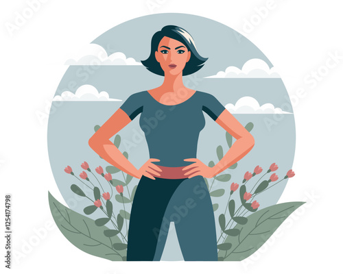 Confident woman on sky background with flowers. Feminism and equality concept. Flat illustration