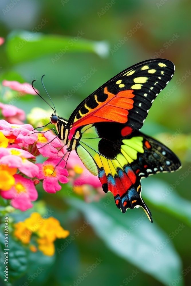 Vibrant swallowtail butterfly on colorful flowers in lush garden scene Vibrant swallowtail butterfly on colorful flowers in lush garden scene